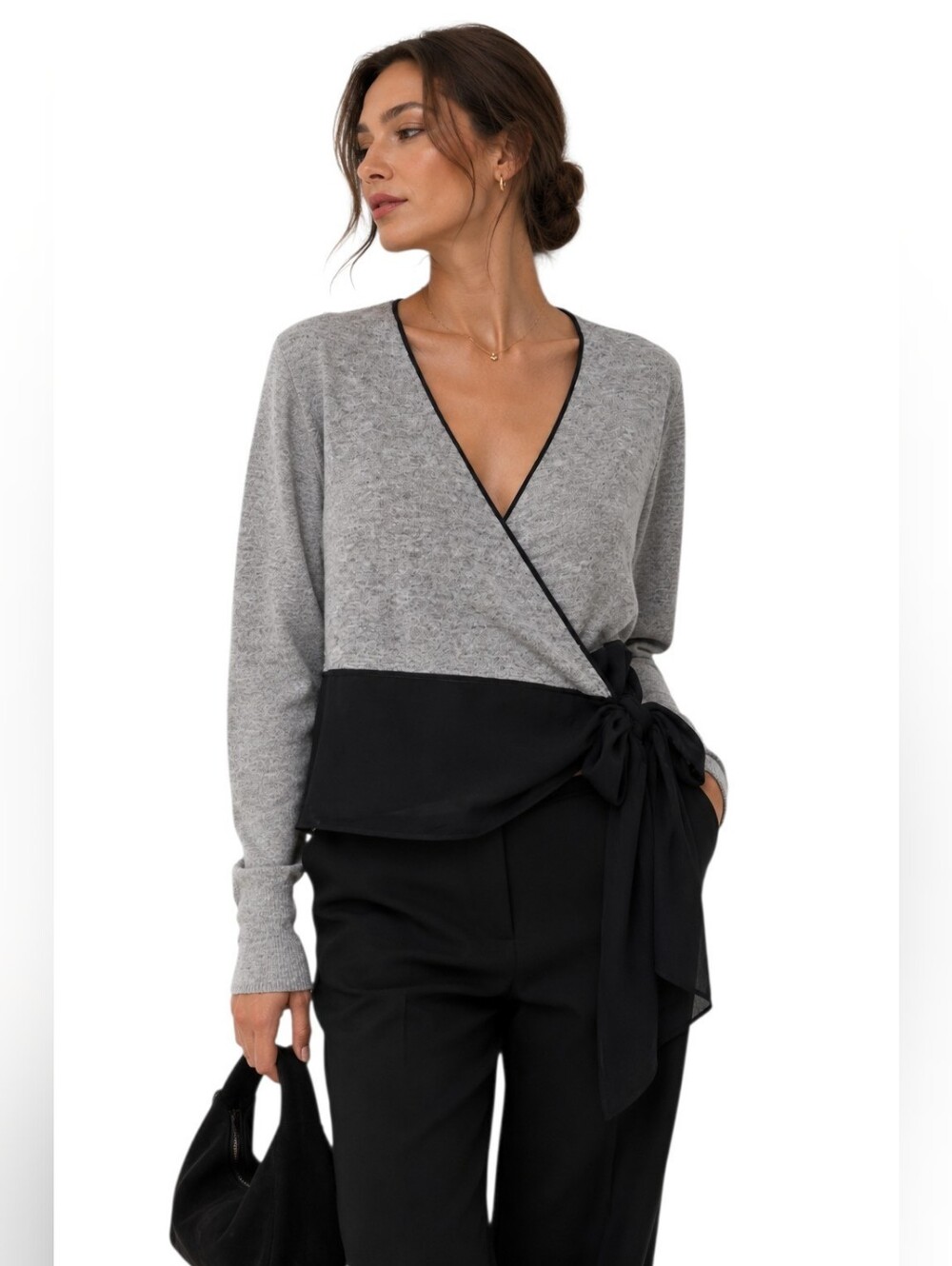 Mandolin Wrap Sweater two tone 
Heather Grey Blakc Silk Lambswool Balletcore